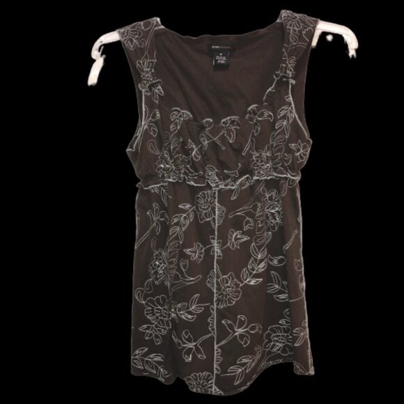 BCBGMAXAZRIA Medium Brown Floral Embroidered Top Babydoll Shirt Blouse Y2K - Picture 7 of 8